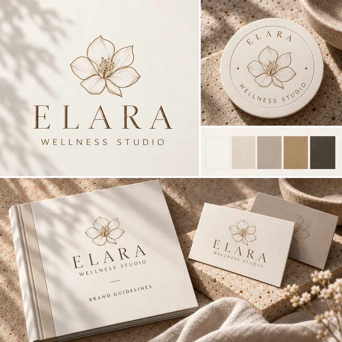 Elara floral logo, colour palette and coordinated stationery