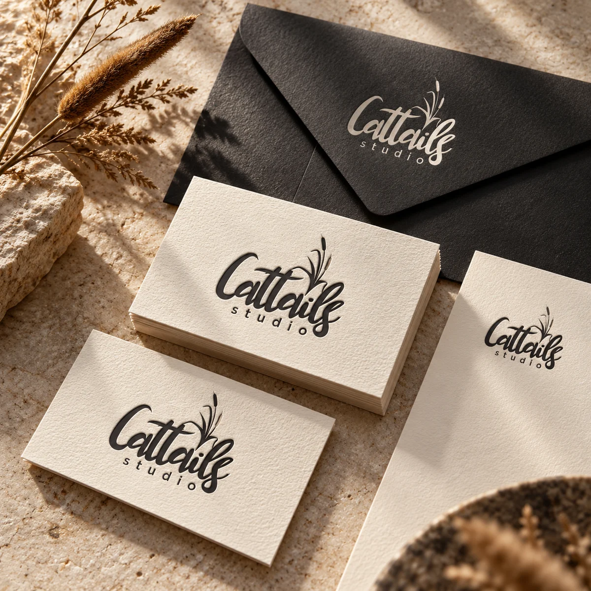 Cattails Studio identity presented on a premium stationery suite