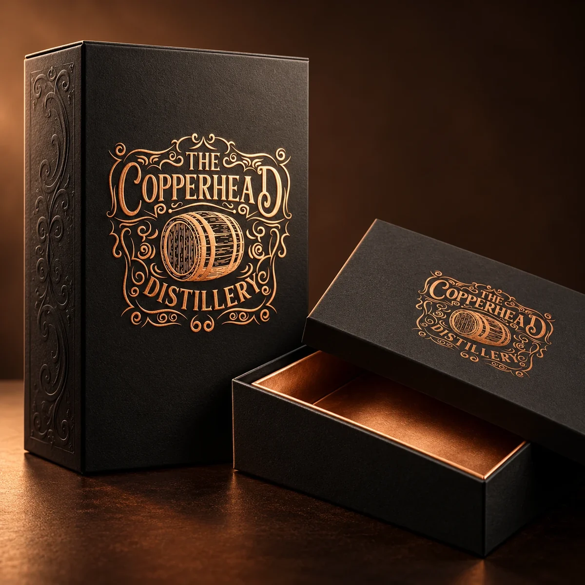 Copperhead Distillery matte black gift boxes with copper foil branding and an open copper-lined tray