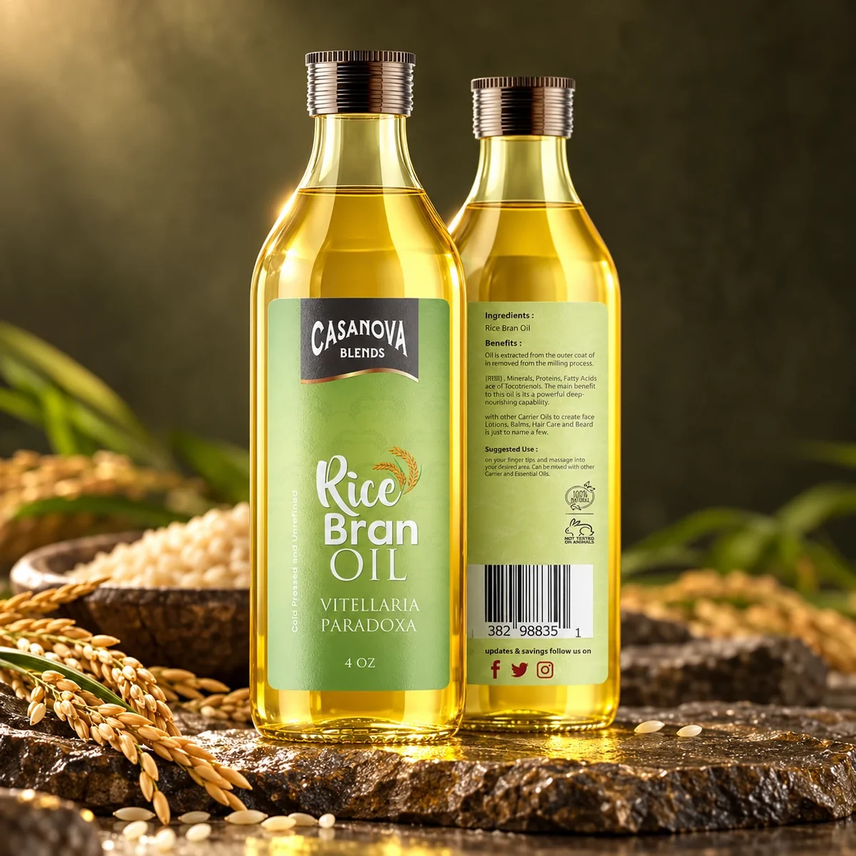 Casanova Rice Bran Oil label on a premium bottle mockup