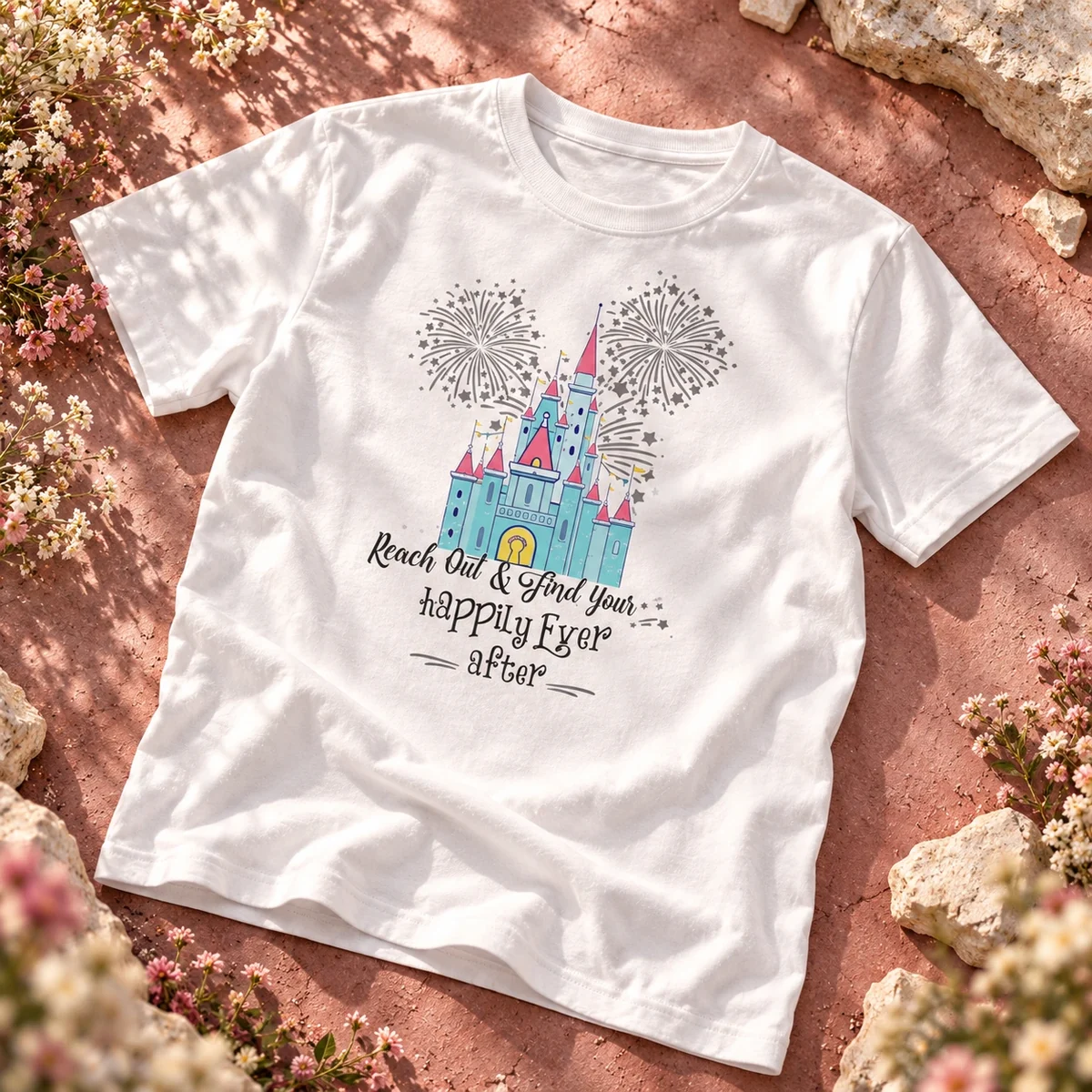 Happily Ever After castle illustration printed on a white T-shirt