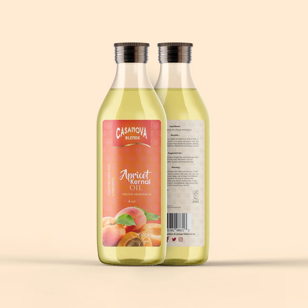 Casanova Blends Apricot Kernel Oil front and back labels against a peach background