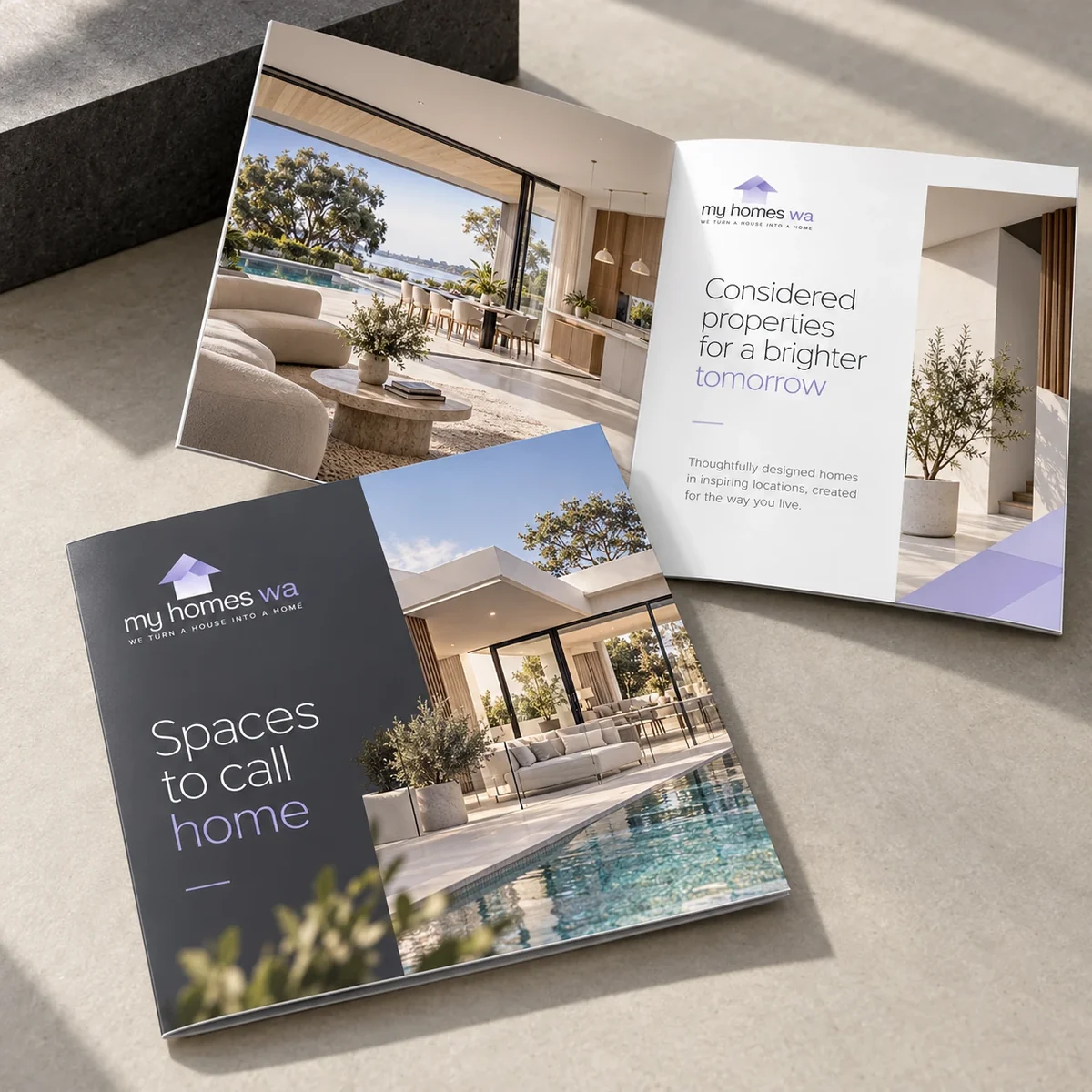 My Homes WA architectural brochure with an open bi-fold spread and charcoal and lavender cover