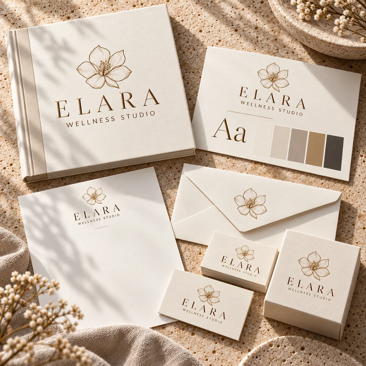 Complete brand identity with guidelines, colours and stationery mockups
