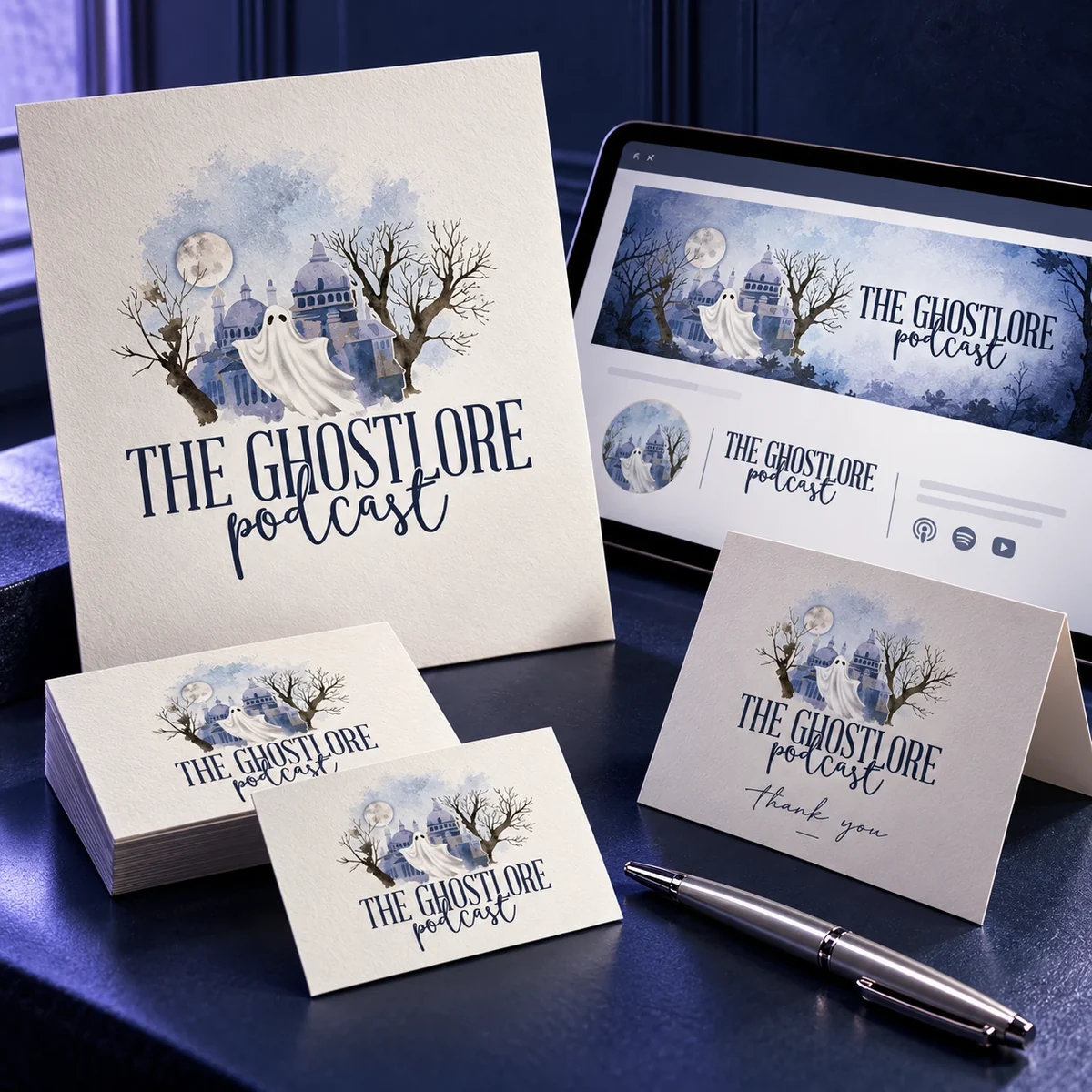 The Ghostlore Podcast logo, business cards, social graphics and thank you card mockup