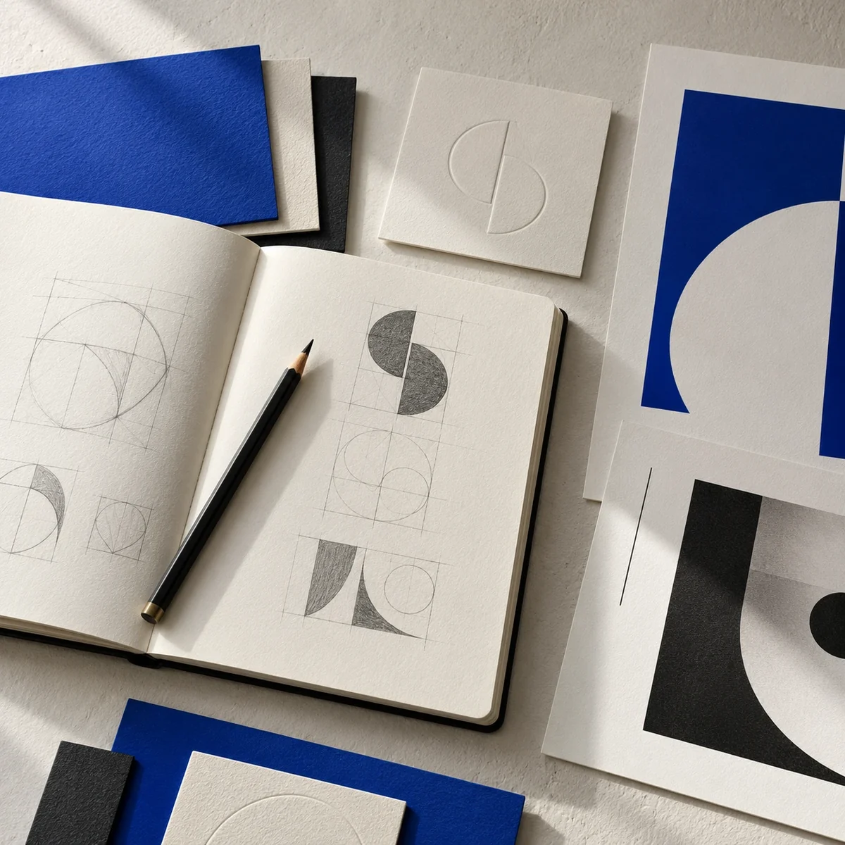 Creative process concept with logo sketches, textured paper and blue colour swatches